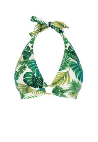 Bikini w kształcie trójkąta w kolorze białym z zielonym nadrukiem liści, z złotym okrągłym akcentem na środku i wiązanymi ramiączkami na szyi.