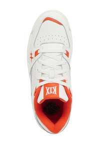 White sneaker with orange accents, featuring a perforated toe box, lace closure, padded collar, and logo on the tongue.