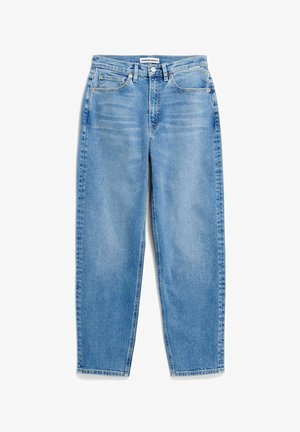 Hellblaue Denim-Jeans mit geradem Schnitt, ausgestattet mit fünf Taschen, einem Knopfverschluss und dezenten Verwaschungen im Stoff.