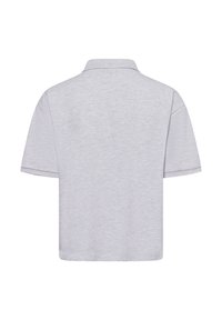 Grijze polo met korte mouwen, klassiek kraagje, zachte textuur en een relaxte pasvorm. Heeft een effen achterkant zonder versieringen.