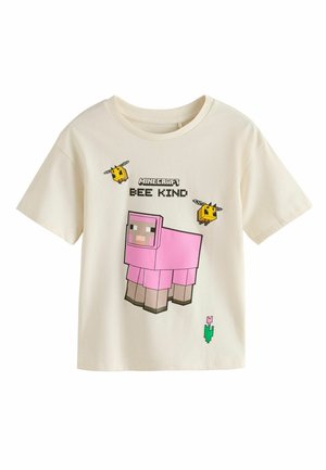 Kremfarvet t-shirt med korte ærmer og Minecraft-design med et lyserødt får, to bier og teksten "Minecraft Bee Kind."
