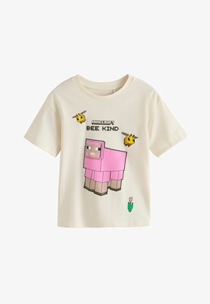Kremowy t-shirt z krótkim rękawem z motywem Minecraft przedstawiającym różową owcę, dwie pszczoły oraz tekst "Minecraft Bee Kind."