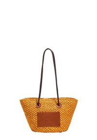 Yellow woven tote bag with long dark brown handles and a brown leather patch embossed with "BIMBA Y LOLA" on the front.