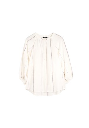 Biała bluzka z długim rękawem w pionowe, wielokolorowe paski, okrągły dekolt, zapięcie na guziki z przodu oraz bufiaste mankiety.