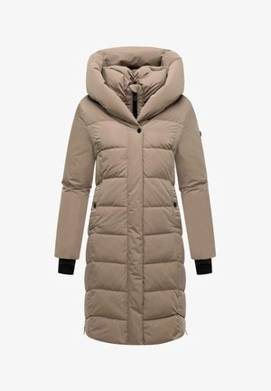 Beige polstret jakke med stor hætte, med lynlås og knapdetaljer. Den har sidelommer og kontrastfarvede sorte ærmeafslutninger.