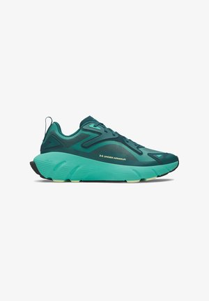 Teal running shoe with a textured upper, padded collar, and large cushioned sole. Features black outsole and subtle logo accents.