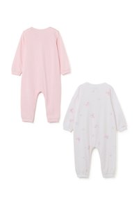 Dos monos para bebés: uno de color rosa sólido y otro blanco con patrones florales en tonos pasteles. Ambos tienen mangas largas, puños y piernas de longitud completa.