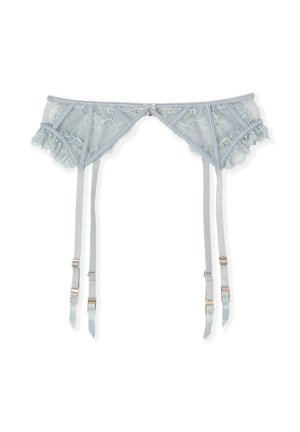 Light blue lace garter belt with floral patterns, scalloped edges, and four adjustable straps with gold-tone clasps.