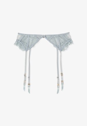 Jarretière en dentelle bleu clair avec motifs floraux, bords festonnés et quatre bretelles réglables avec fermoirs dorés.