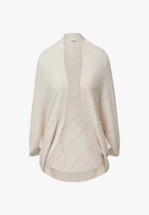 Light cream open-knit cardigan featuring a relaxed fit, ribbed edges, and diagonal lines created by alternating bands of openness.