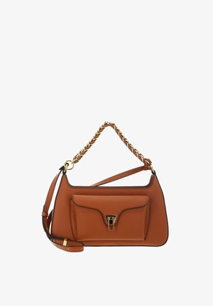 Brown leather handbag with gold chain handle, front pocket with gold clasp, and adjustable shoulder strap.