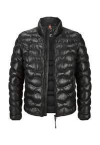 Schwarze gepolsterte Jacke mit einem gesteppte Design, hohem Kragen und Frontreißverschluss. Hergestellt aus glattem Leder mit seitlichen Taschen.