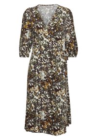 Ziedu raksta apģērbs ar zaļām, brūnām un sinepju krāsām. Tam ir dziļš V-veida kakls un trīs ceturtdaļu garuma piedurknes. Mīksta auduma.