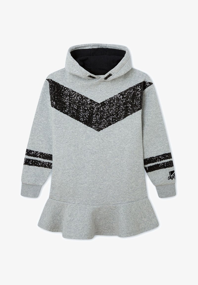 Robe grise à capuche avec chevron en sequins noirs sur la poitrine, bandes en sequins assorties sur les manches et ourlet volanté.