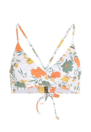 Bikini top s cvetličnim vzorcem v oranžni, rumeni in zeleni barvi na beli podlagi. Ima nastavljive naramnice in zapiranje z zanko na hrbtu.