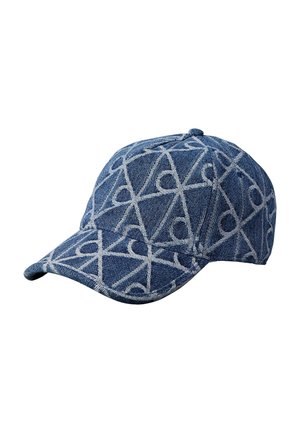 Casquette de baseball en denim bleu avec un motif géométrique gris clair et des lignes bouclées couvrant toute la surface.