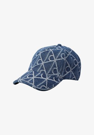 Cappellino da baseball in denim blu con motivo geometrico grigio chiaro e linee ad anello che coprono l'intera superficie.