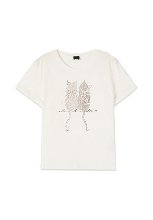 Weißes T-Shirt mit kurzen Ärmeln und zwei stilisierten Katzen, die aus kleinen goldenen und silbernen Nieten bestehen und nebeneinander sitzen.