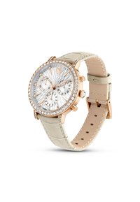 Rosegold-Uhr mit funkelndem Gehäuse, weißem strukturiertem Zifferblatt, drei Hilfszifferblättern und einem hellbeigen, krokodilledergeprägten Armband.