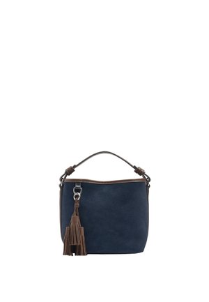 Granatowa zamszowa torebka z krótkim brązowym skórzanym uchwytem i brązową dekoracją w postaci chwostów wiszących na metalowym pierścieniu.