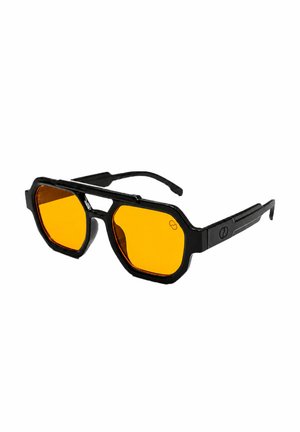Schwarze sechseckige Sonnenbrille mit leuchtend orange getönten Gläsern und Doppelsteg-Design.