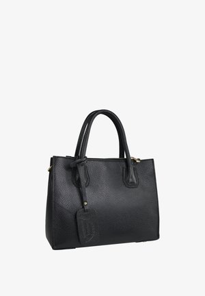 Black leather handbag with a textured finish, dual rounded handles, top zipper closure, and a detachable tag. Gold-tone hardware accents.