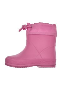 Botte en caoutchouc rose imperméable avec un bout arrondi, une semelle texturée et un poignet en tissu avec un cordon de serrage pour l'ajustement.