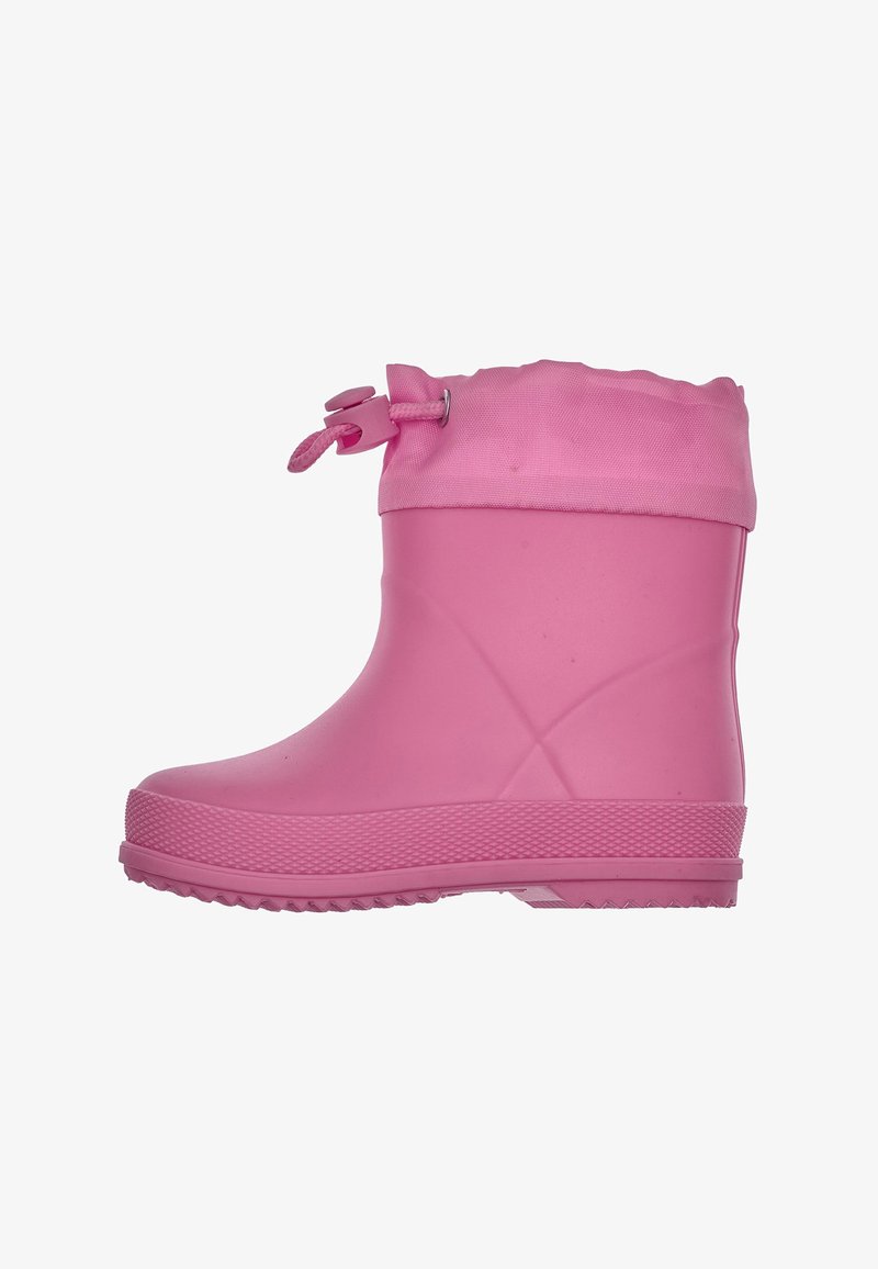 Botte en caoutchouc rose imperméable avec un bout arrondi, une semelle texturée et un poignet en tissu avec un cordon de serrage pour l'ajustement.
