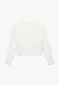 Pullover bianco accorciato con motivo a treccia, polsini e orlo a coste, dotato di scollo rotondo e finitura texturizzata.