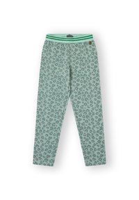 Leggings verde claro con un diseño de estampado de leopardo, con una cinturilla elástica que presenta rayas verdes, fabricadas con una tela suave para mayor comodidad.