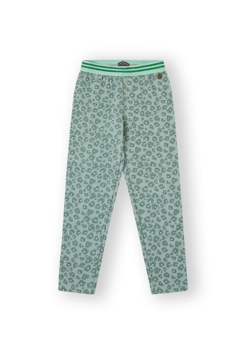 Leggings verde claro con un diseño de estampado de leopardo, con una cinturilla elástica que presenta rayas verdes, fabricadas con una tela suave para mayor comodidad.