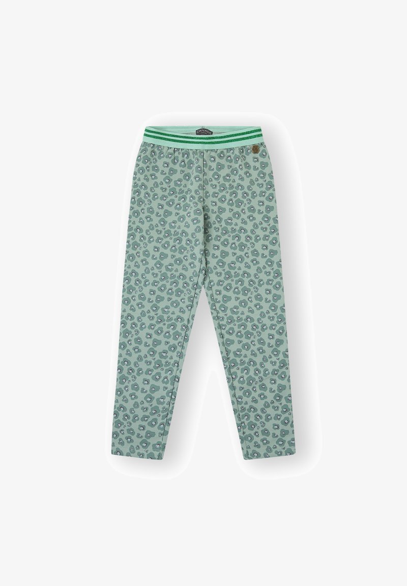 Leggings verde claro con un diseño de estampado de leopardo, con una cinturilla elástica que presenta rayas verdes, fabricadas con una tela suave para mayor comodidad.