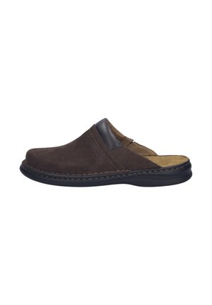 Brown leather slip-on shoe with cushioned sole and open back, designed for casual comfort.