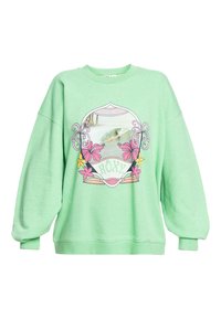Sudadera verde menta con mangas abullonadas, que presenta un colorido estampado gráfico de un surfista y acentos florales, fabricada con material de algodón suave.