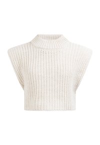 Top scurt tricotat de culoare bej deschis, cu guler înalt și detalii largi la umeri. Material texturat cu un model de țesătură deschisă.