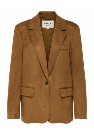 Blazer de ante marrón con solapa de muesca, cierre de un botón, dos bolsillos frontales y un acabado texturizado. Diseño minimalista.