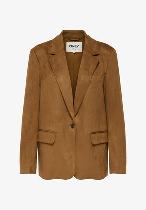 Brown suede blazer featuring a notched lapel, single button closure, two front pockets, and a textured finish. Minimalist design.
