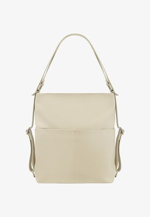 Bézs színű bőr kézitáska texturált felülettel, egyetlen felső fogantyúval, állítható vállpánttal és elülső zsebbel.