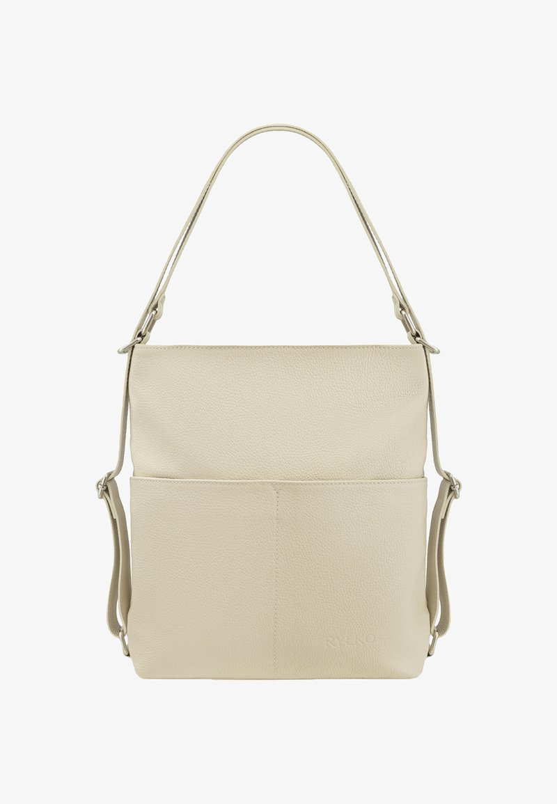 Bolso de mano de cuero beige con acabado texturizado, que cuenta con un asa superior única, correa ajustable para el hombro y bolsillo frontal.