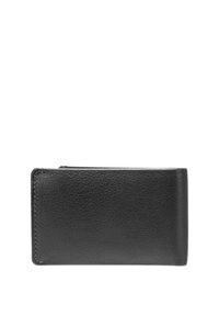 Black leather wallet with a textured surface, rectangular shape, and contrasting stitching along the edges. Zipper closure at one end.