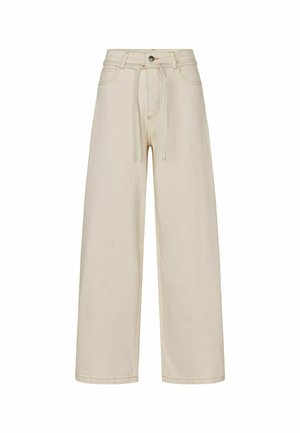 Pantalon beige taille haute à jambes larges avec bouton à l'avant, fermeture éclair, passants pour ceinture, et ceinture assortie en tissu à nouer.