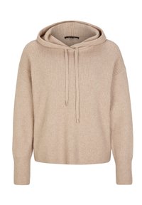 Hoodie en maille côtelée beige avec manches longues et cordon de serrage au niveau du col, coupe ample et épaules tombantes.