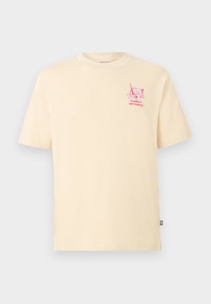 Beige short-sleeve T-shirt with small red graphic of a fish holding chopsticks and "new balance" text on the left chest.