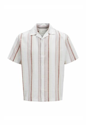 Balta trumpų rankovių palaidinė su rožinėmis ir tamsiai raudonomis vertikaliomis juostelėmis, turinti klasikinį apykaklę ir mygtukų užsegimą.