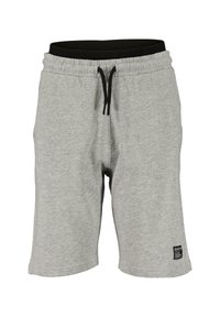 Shorts en coton gris avec une taille élastique noire, fermeture par cordon de serrage et un petit logo brodé en bas à gauche.