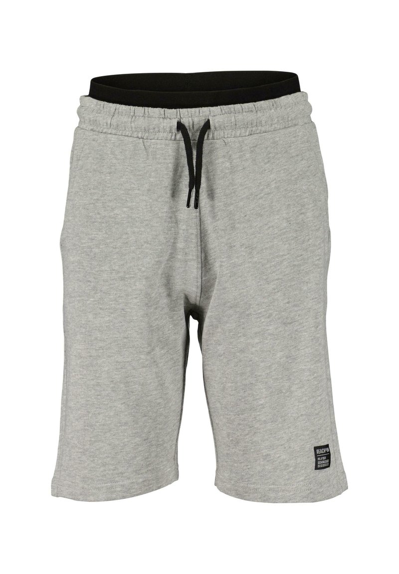 Shorts en coton gris avec une taille élastique noire, fermeture par cordon de serrage et un petit logo brodé en bas à gauche.
