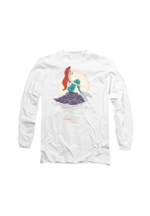 Long-sleeve white T-shirt featuring a graphic of a mermaid with red hair and a turquoise tail sitting on a rock against a soft sunset background.