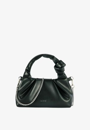 Czarna skórzana torebka na ramię z wiązaną rączką, łańcuszkowym paskiem i marszczonym wzorem. Charakteryzuje się gładką teksturą i subtelnym logo na przodzie.