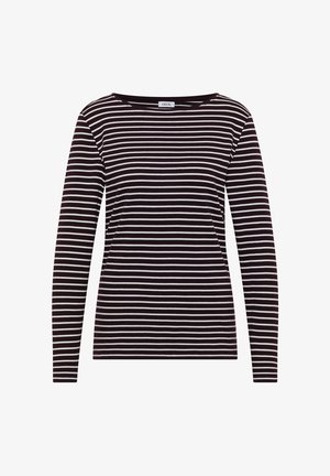 Blusa de manga larga con escote redondo, que presenta rayas horizontales en blanco y negro en un tejido suave y elástico. Etiqueta de marca: CEYIL.