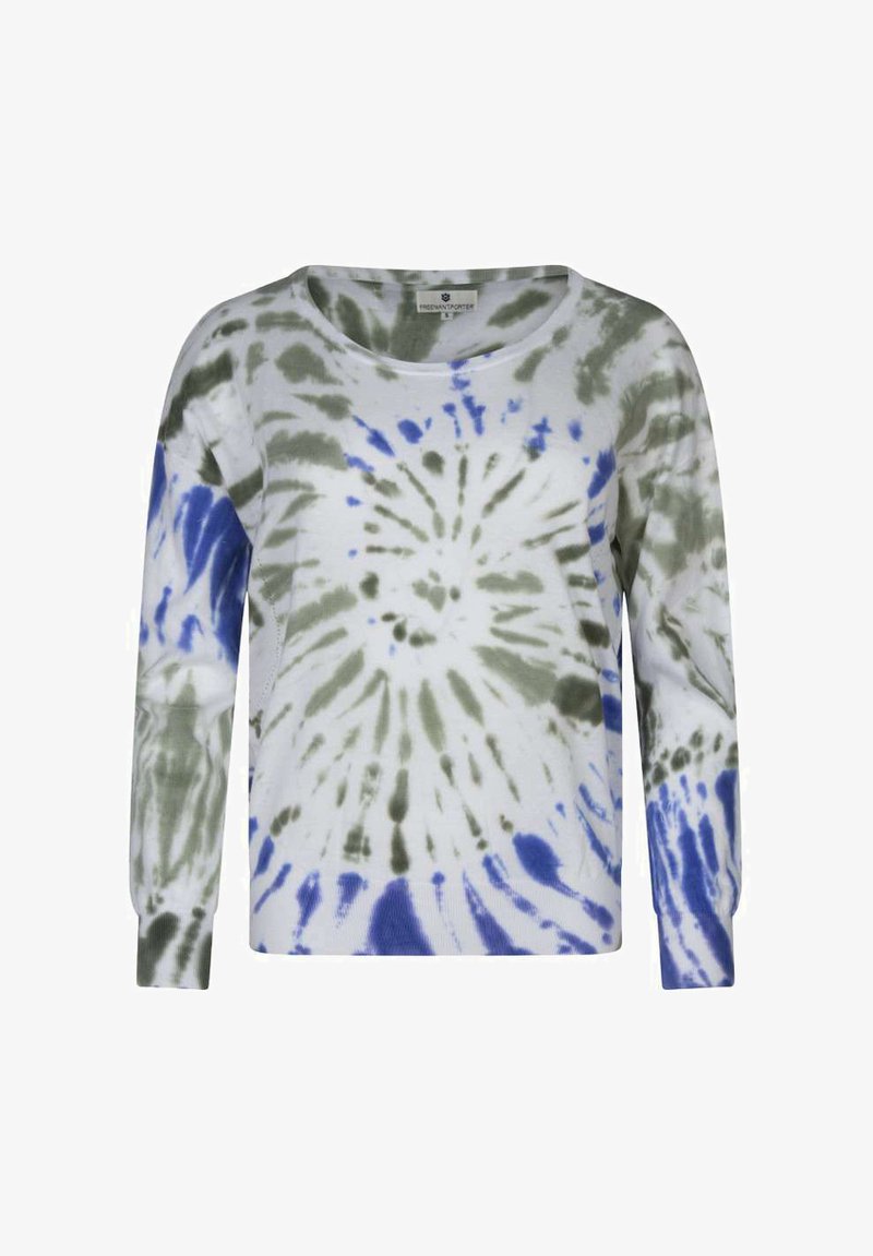 Haut à manches longues en tie-dye présentant des couleurs vertes, bleues et blanches avec un motif en éclat circulaire. Fabriqué en tissu doux avec un col rond.
